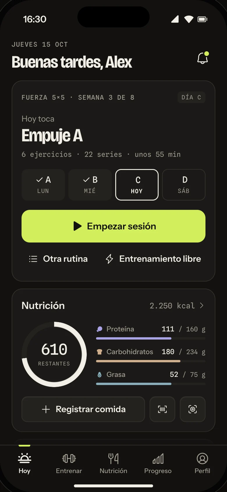 Minthra’s Today screen: Alex, Thursday 15 October, the Push A session and a 2,250 kcal target