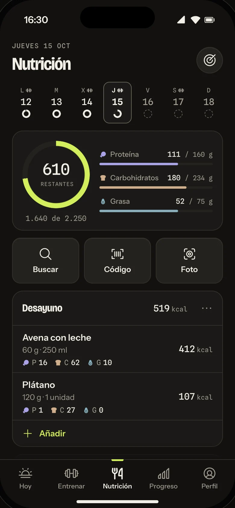 Food diary: 1,640 of 2,250 kcal, 610 left