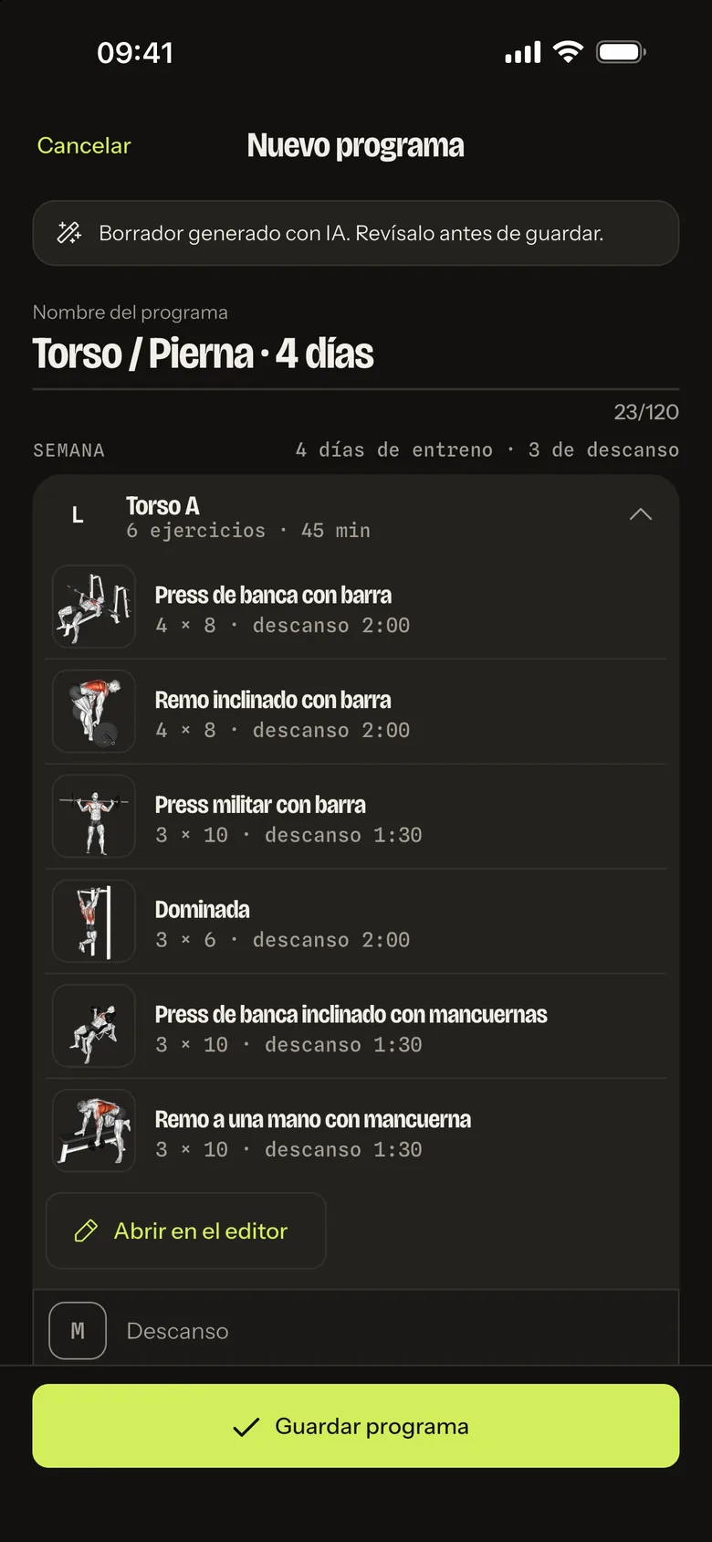 Preview of an AI-generated program: Upper / Lower, 4 training days and 3 rest days. Monday, Upper A, open with bench press, barbell row and overhead press.
