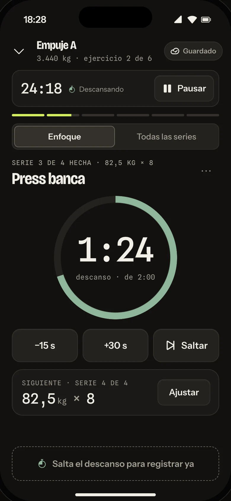 Automatic rest timer: 1 minute 24 seconds left