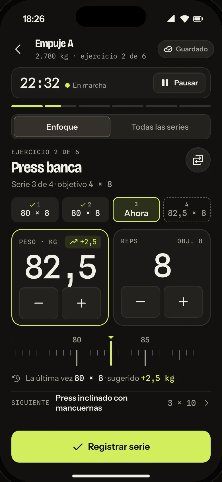 Logging a bench press set: 82.5 kg for 8 reps