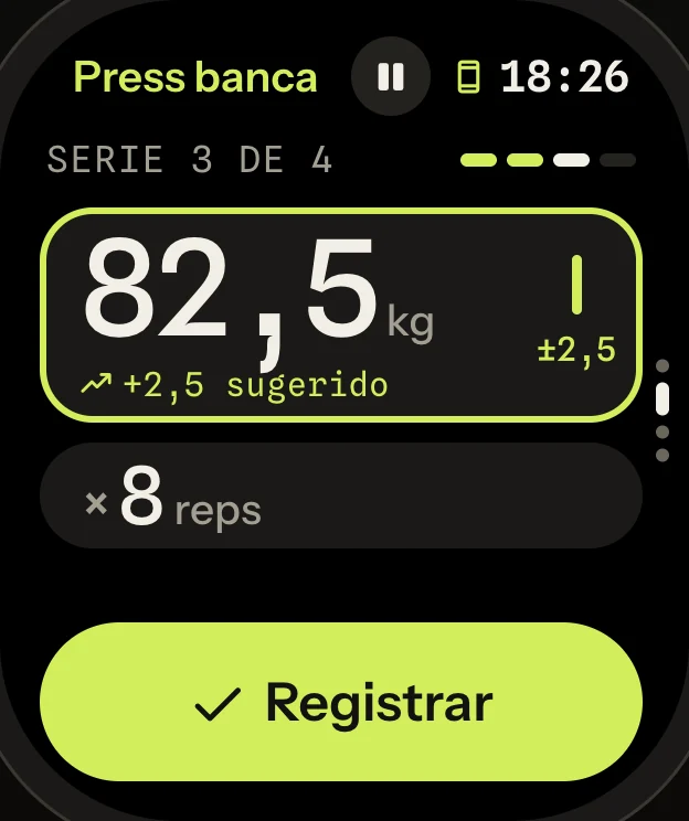 Apple Watch: logging bench press, 82.5 kg for 8 reps